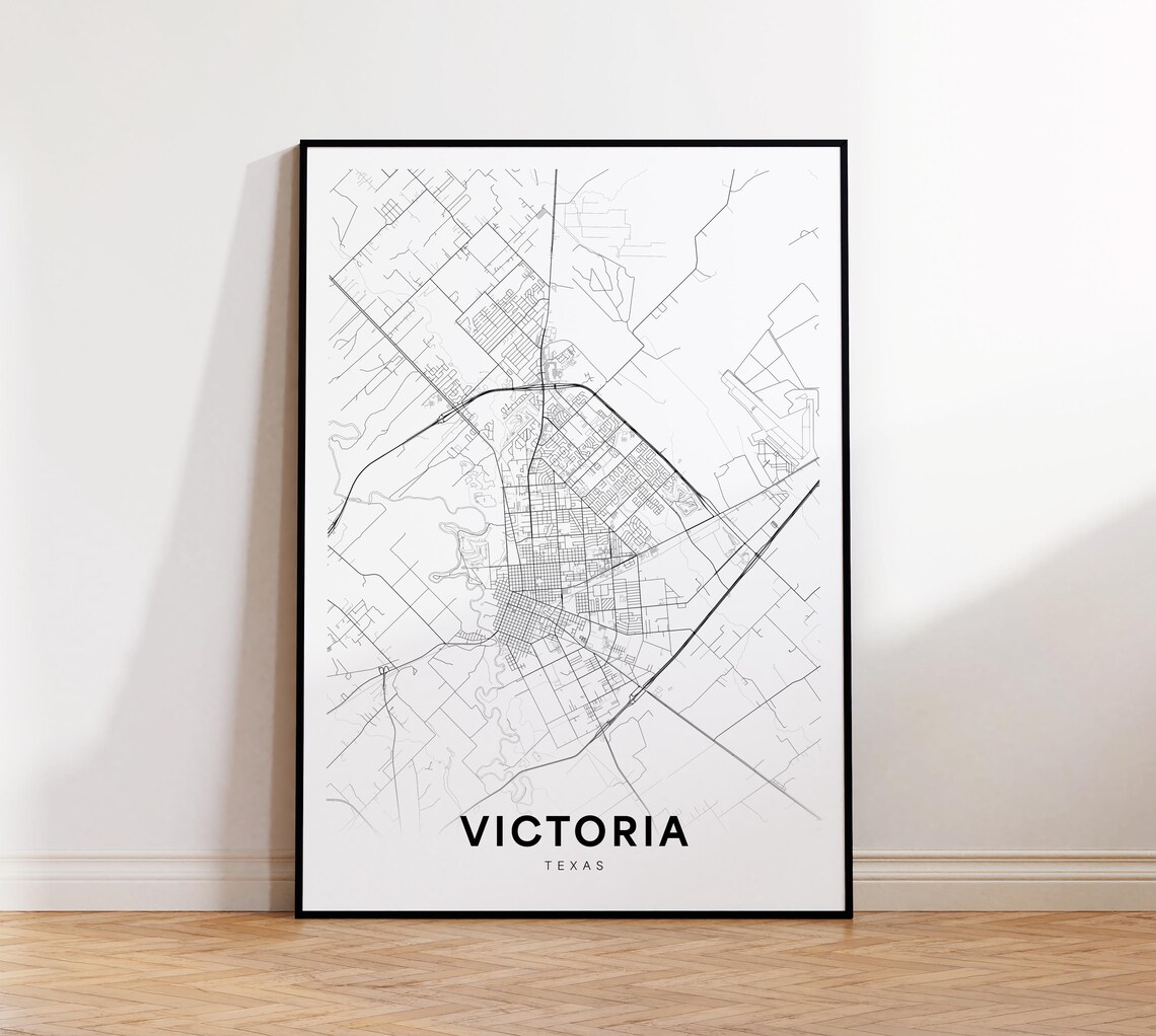 Victoria Texas Minimalist City Street Map Poster Black White Road Art