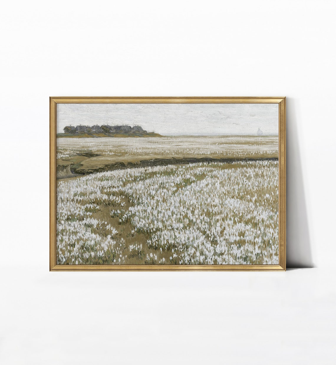 White Wildflower Field Farmhouses Distant Sailboat Meadow Poster