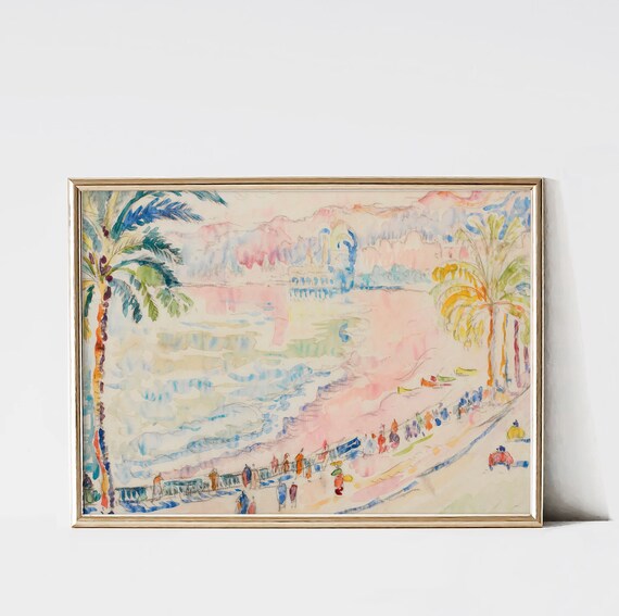 Mediterranean Palm Lined Seaside Promenade Pastel Watercolor Poster
