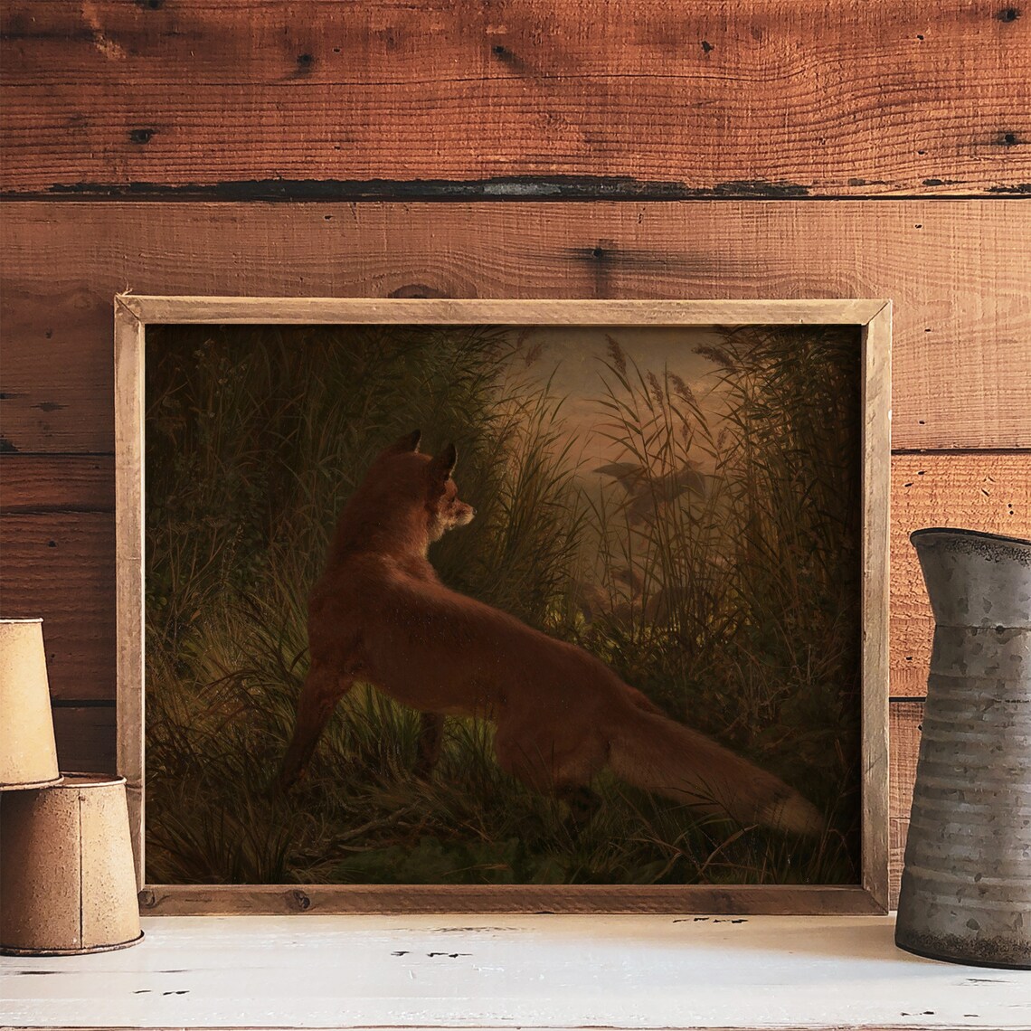 Vintage Red Fox Reeds Dusk Realistic Wildlife Oil Painting Nature Art Poster - Image 3