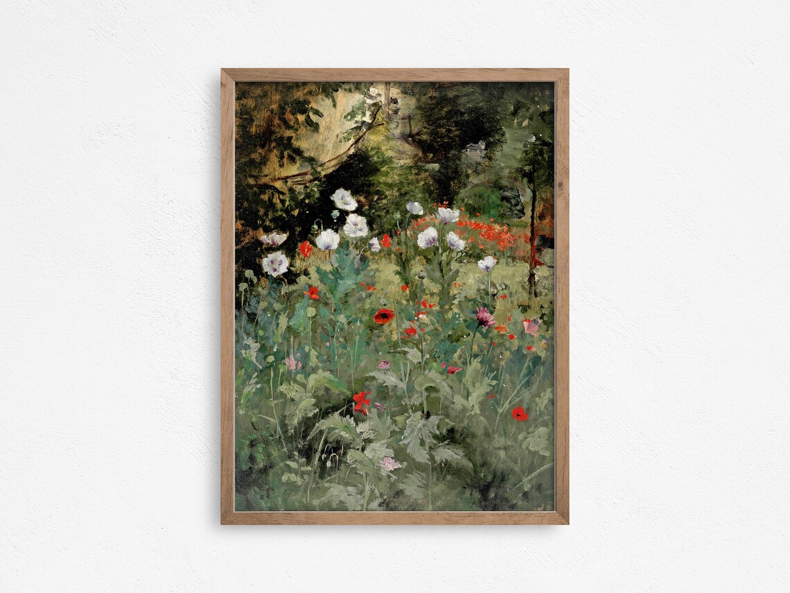 Red White Poppy Flower Garden Lush Impressionist Floral Poster - Image 2