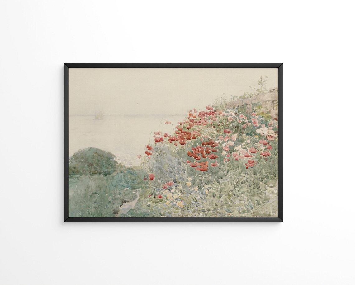 Pale Watercolor Poppy Flowers Coastal Cliff Overlooking Sea Poster - Image 3