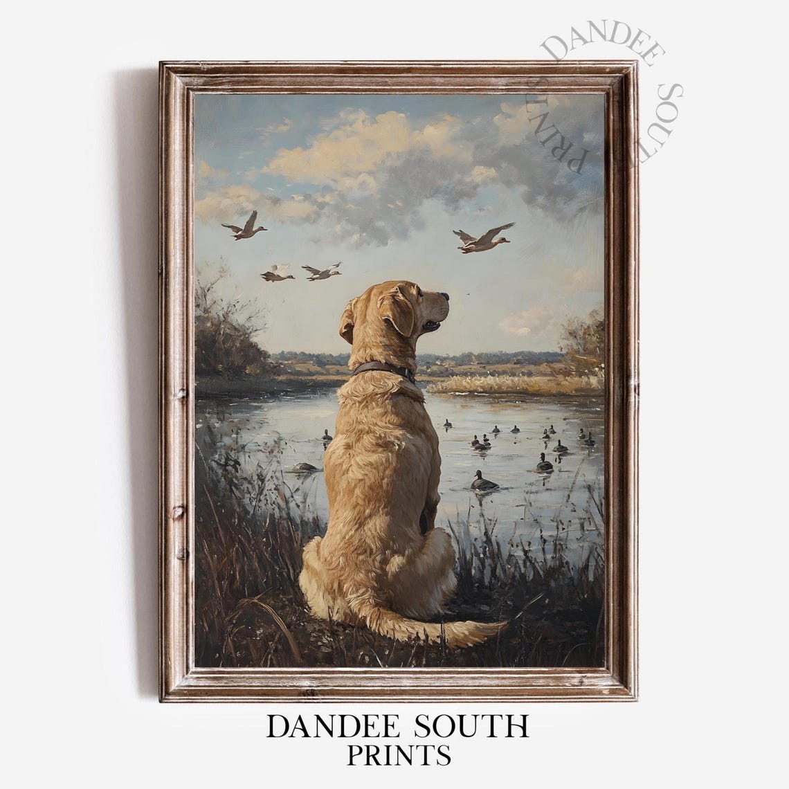 Golden Retriever Watching Mallard Ducks By The Lake Oil Painting Print