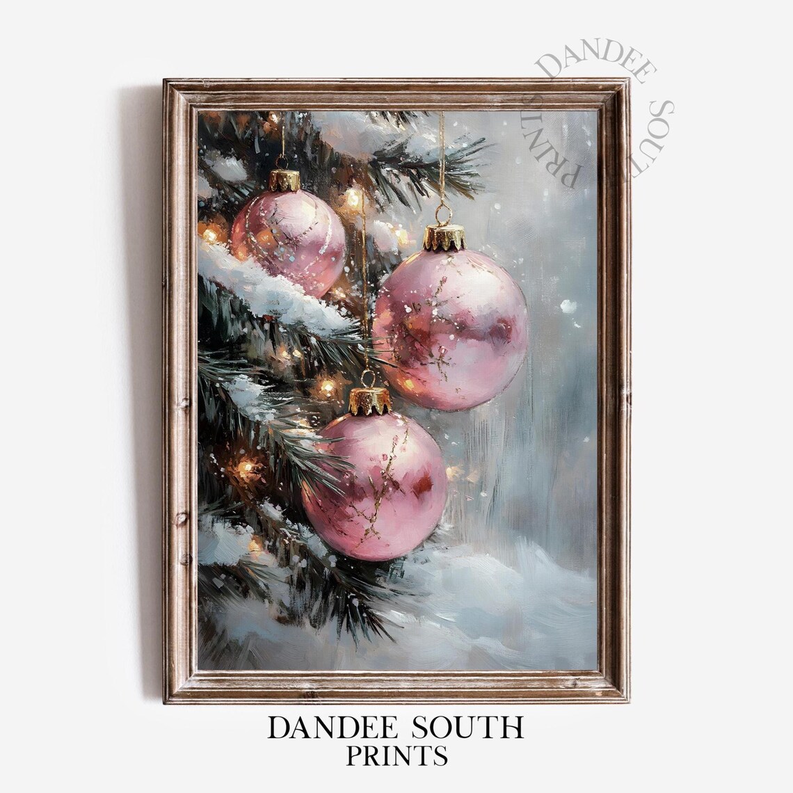 Christmas Pink Ornaments Oil-Painting-Style Art Print