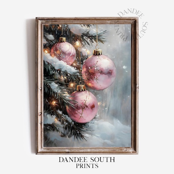Christmas Pink Ornaments Oil-Painting-Style Art Print