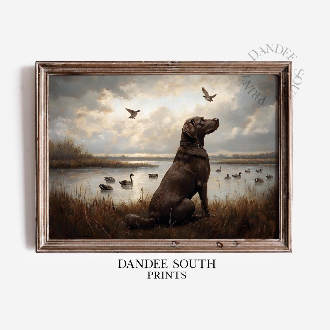 Chocolate Labrador Hunting Dog Wall Art Mallard Ducks Marsh Painting