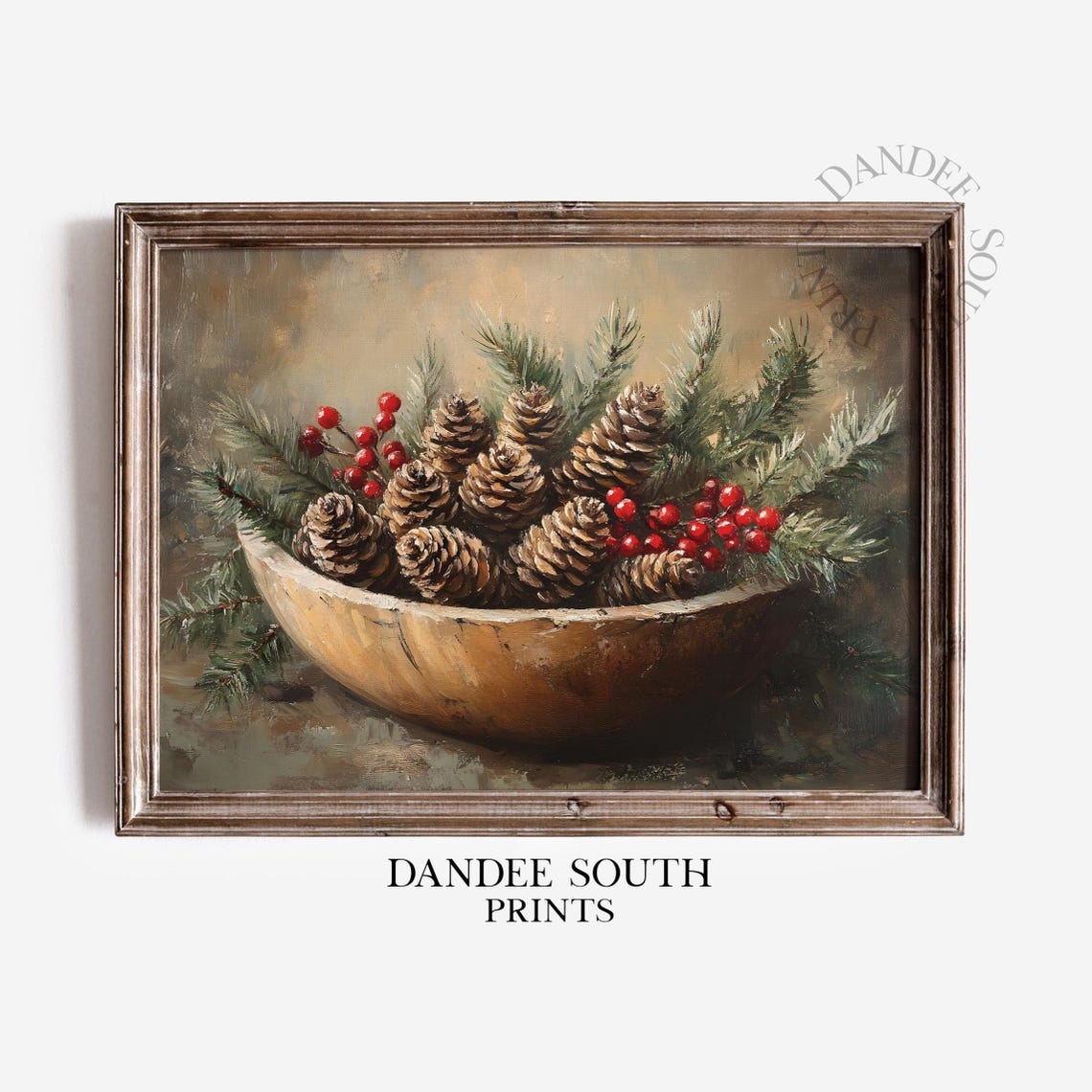 Rustic Christmas Vintage Pine Cones And Berries Wooden Bowl Print