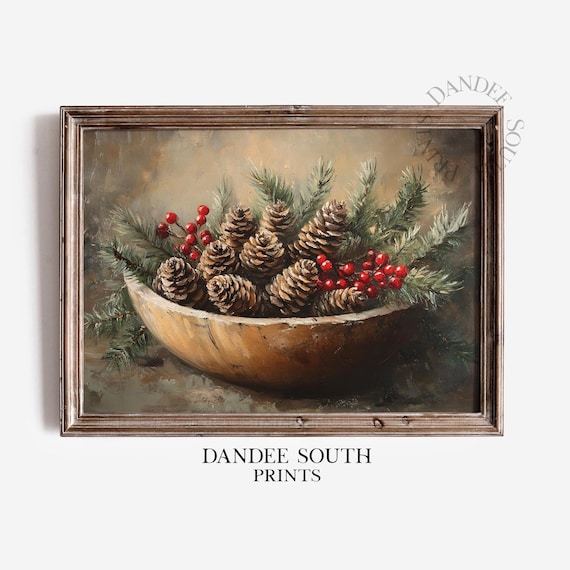 Rustic Christmas Vintage Pine Cones And Berries Wooden Bowl Print
