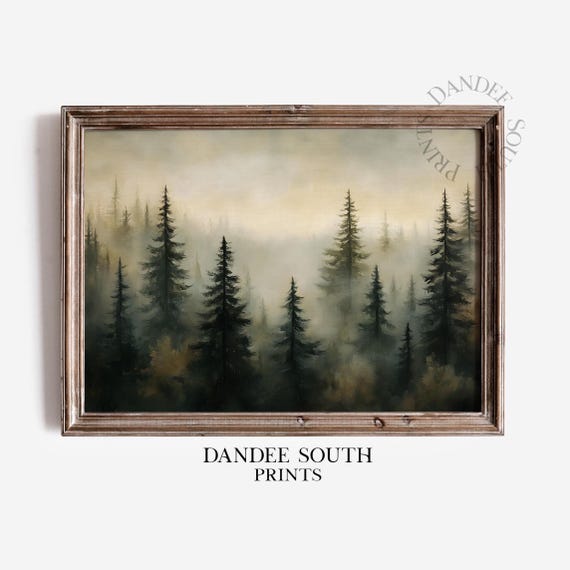 Fall Forest Wall Art Autumn Pine Landscape Oil Painting Rustic Home Decor 530