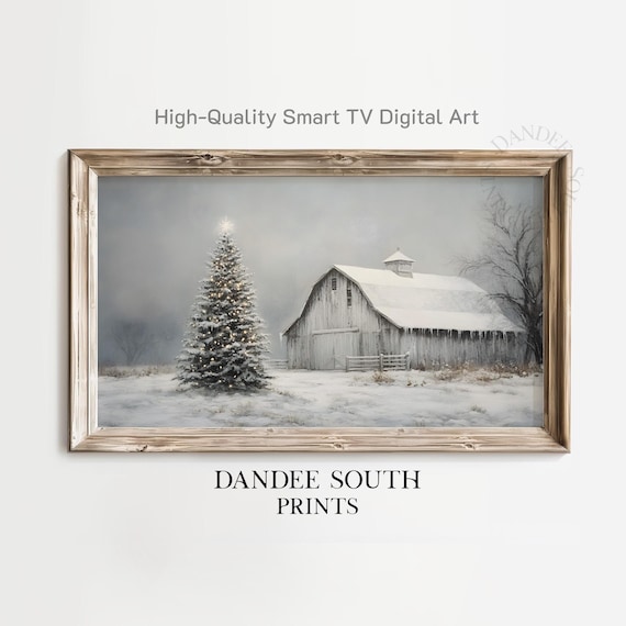 Snowy Barn and Christmas Tree Country Winter Farmhouse Poster