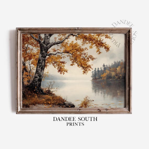 Fall Landscape Painting Autumn Print Wall Art Lake Vintage Farmhouse Decor 594