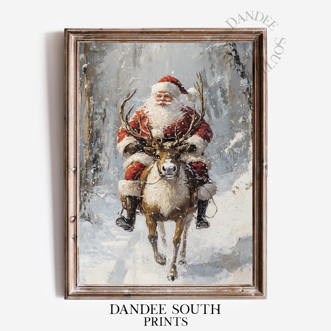 Santa Riding Reindeer Through Snowy Forest Vintage Christmas Poster