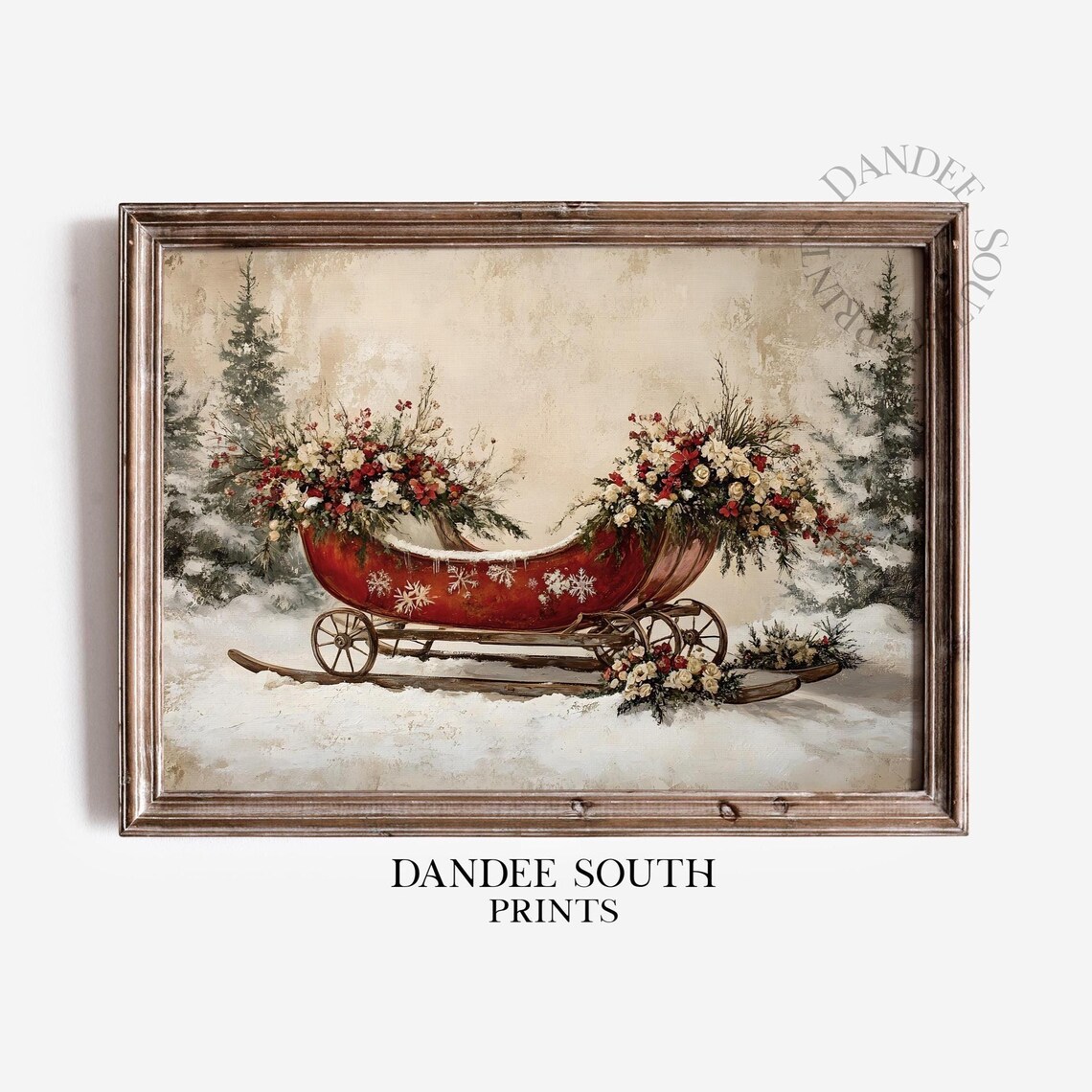 Vintage Red Christmas Sleigh Snowy Winter Holiday Floral Poster