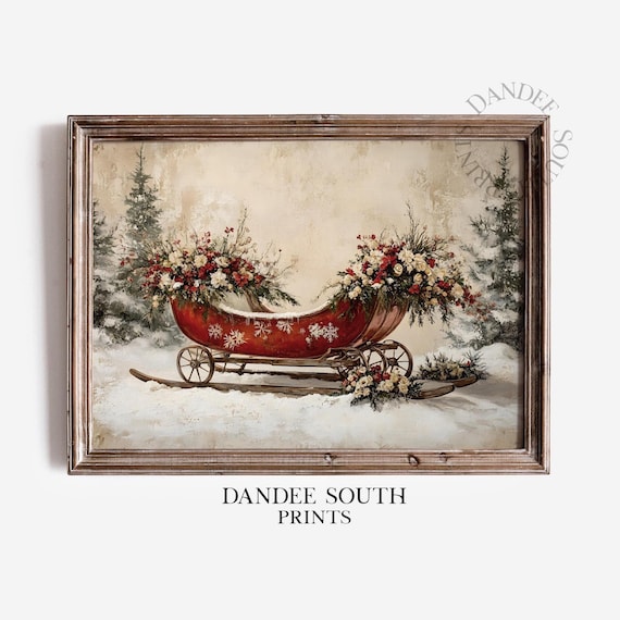 Vintage Red Christmas Sleigh Snowy Winter Holiday Floral Poster