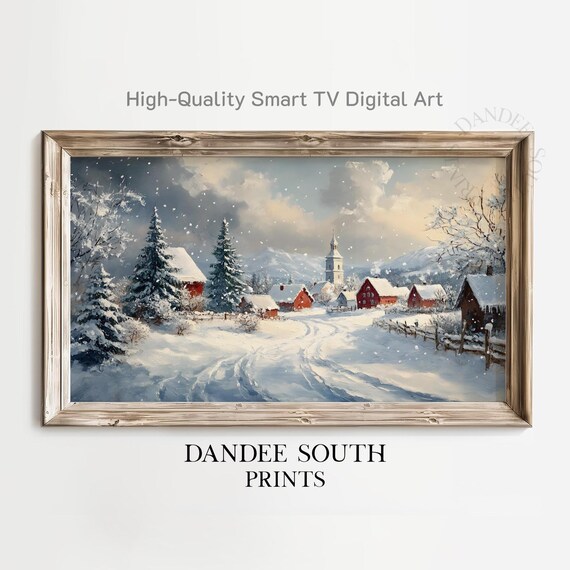 Snowy Christmas Village with Red Barns Church Winter Painting Poster