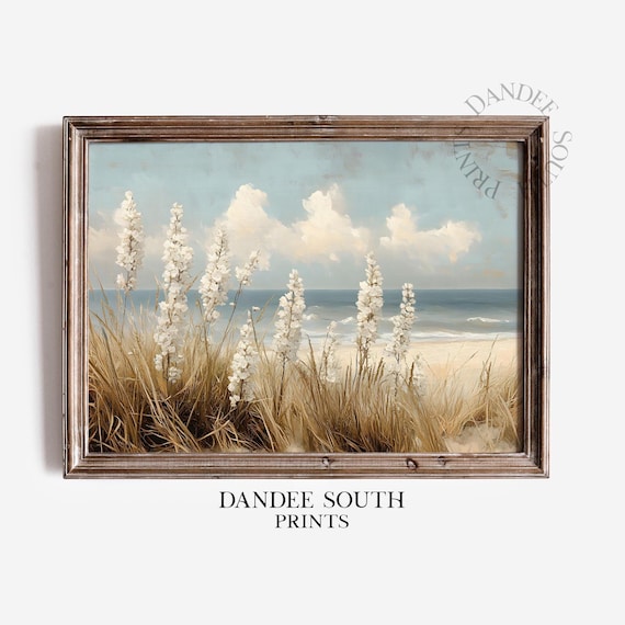White Wildflowers on Coastal Dunes Soft Beach Painting Poster