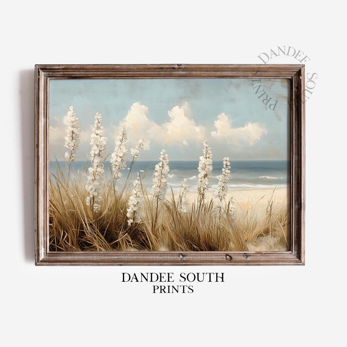 White Wildflowers on Coastal Dunes Soft Beach Painting Poster