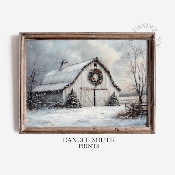 Christmas Barn Winter Snow Wreath Holiday Farmhouse Art Poster