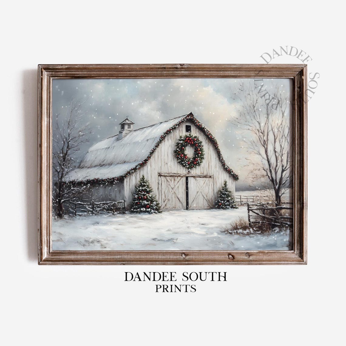 Christmas Barn Winter Snow Wreath Holiday Farmhouse Art Poster