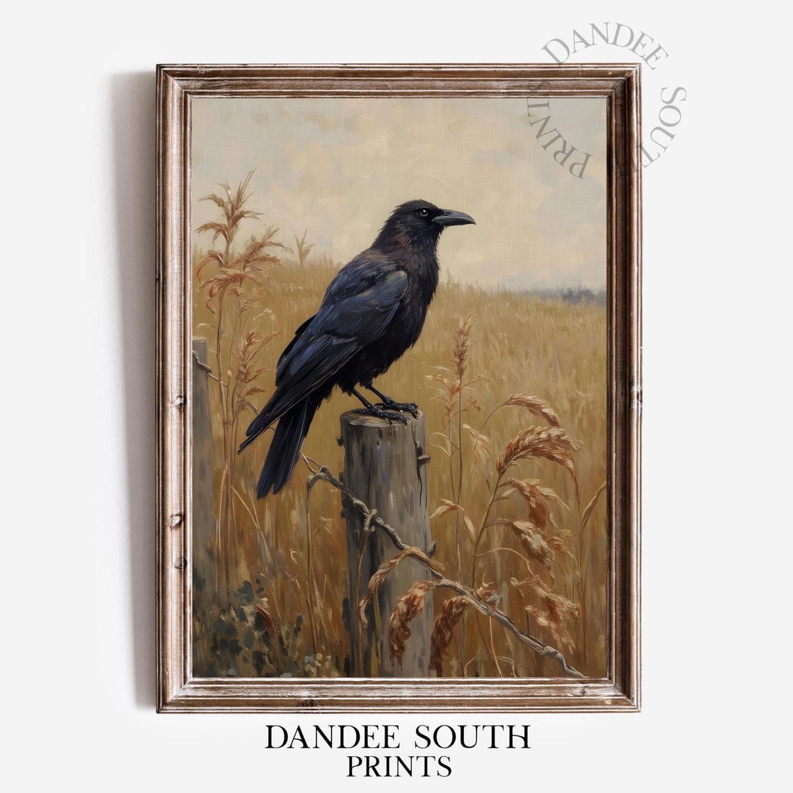 Black Raven on Fence Post Golden Field Vintage Painting Poster