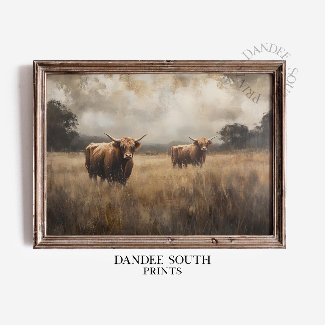 Two Highland Cows Golden Field Moody Sky Rustic Farmhouse Wall Art