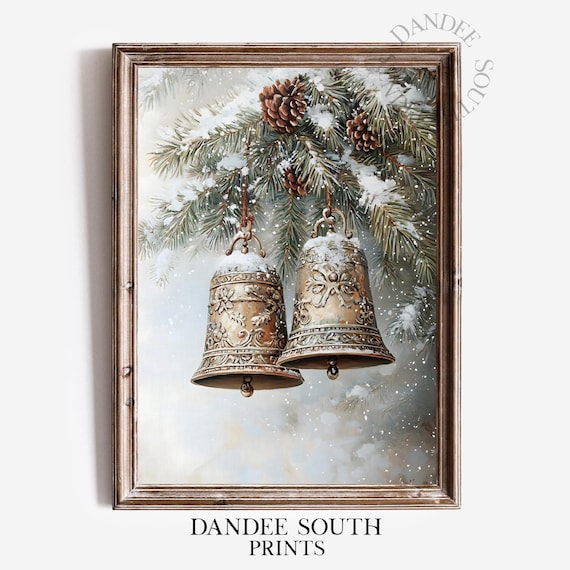 Vintage Christmas Bells on Snowy Pine Branches Holiday Decor Poster