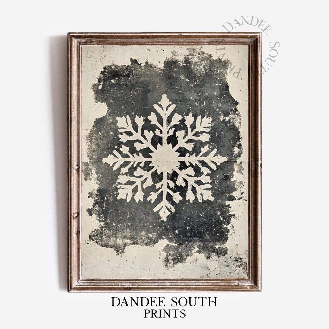 Distressed White Snowflake on Black Ink Neutral Christmas Wall Art