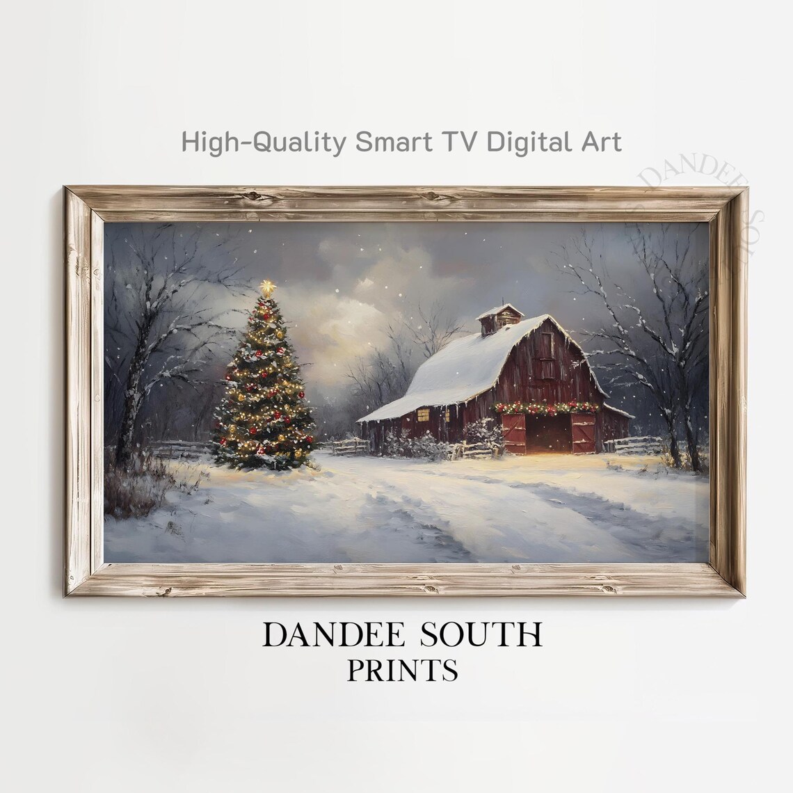Christmas Barn Night Snow Scene Glowing Tree Rustic Winter Holiday Print