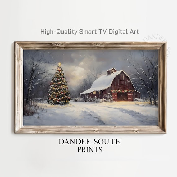 Christmas Barn Night Snow Scene Glowing Tree Rustic Winter Holiday Print