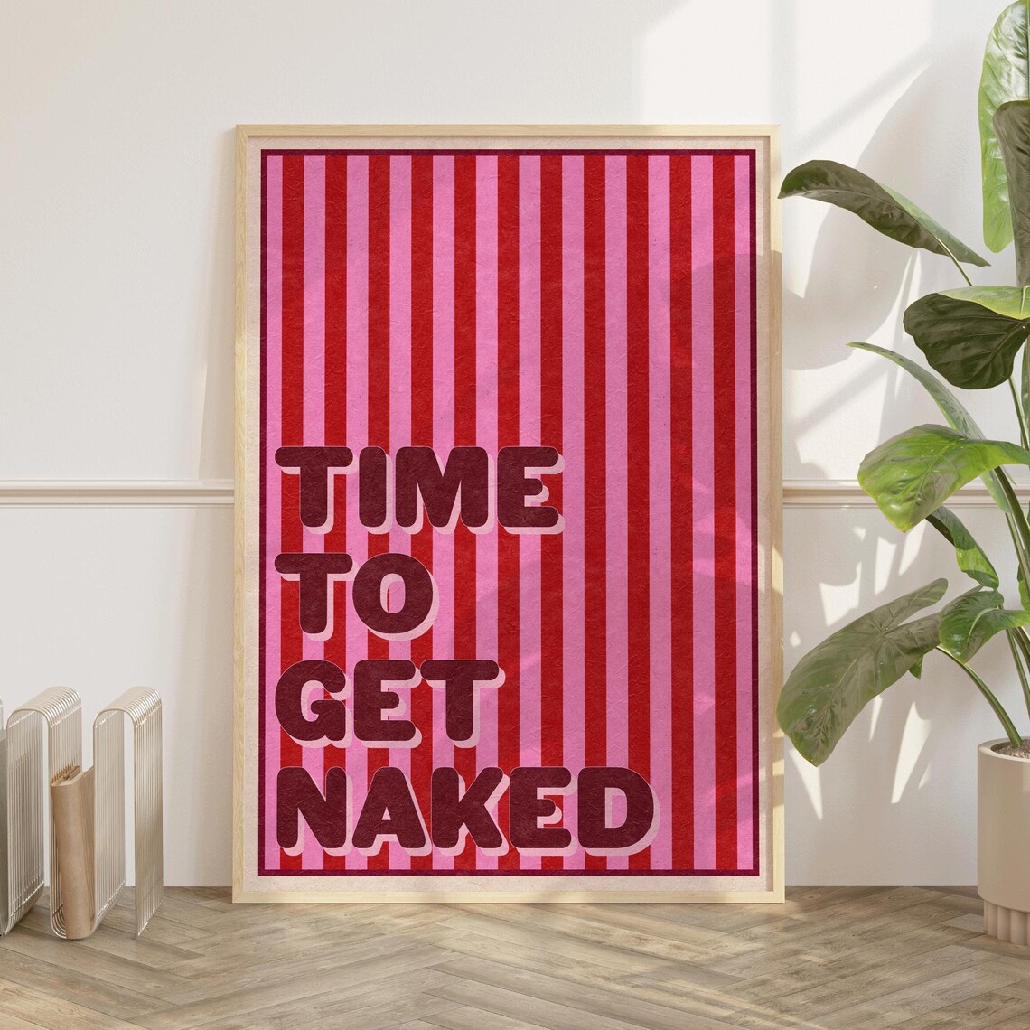 Time To Get Naked Bathroom Poster with Red Pink Retro Stripe Design