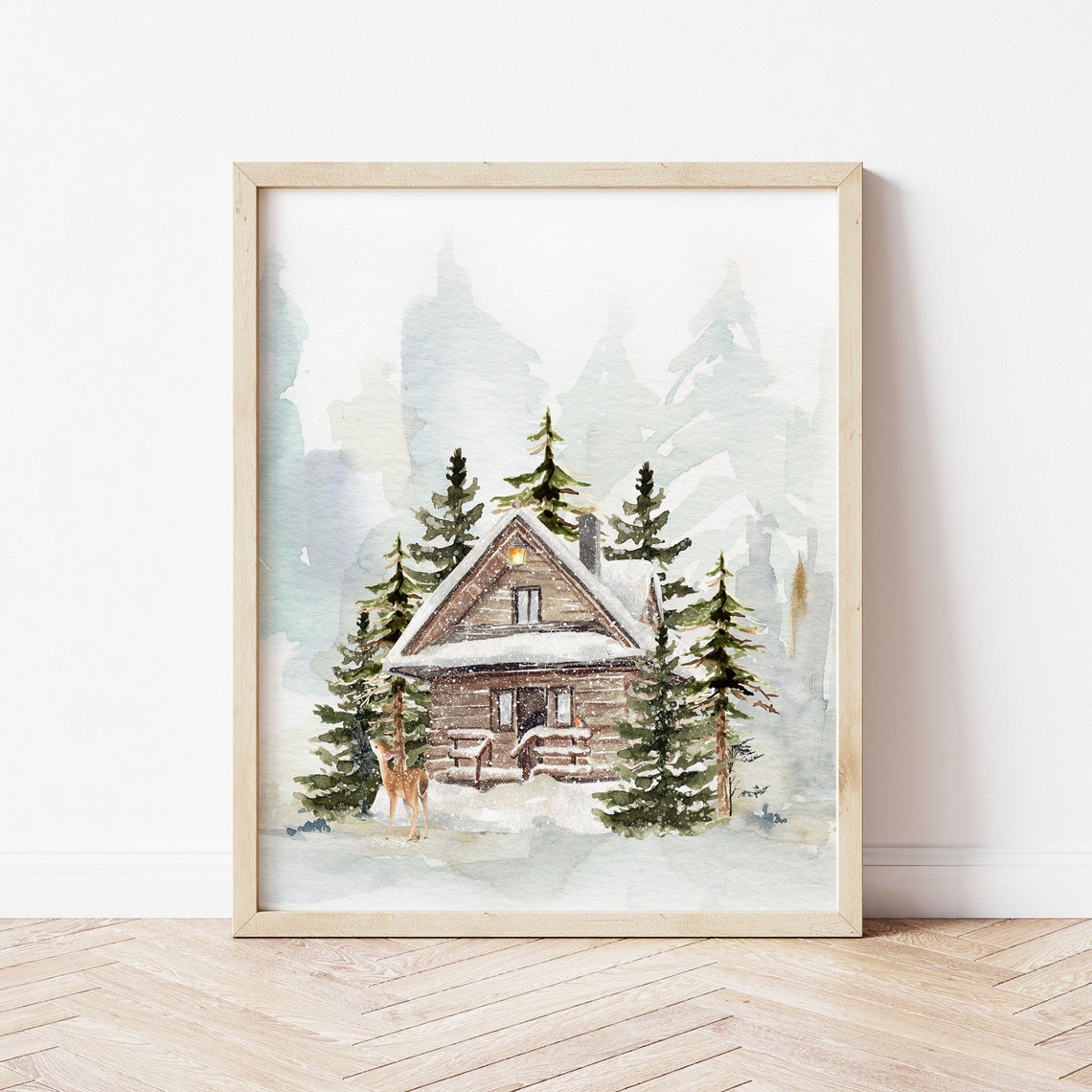 Cozy Watercolor Snowy Cabin in Pine Forest with Deer Winter Poster
