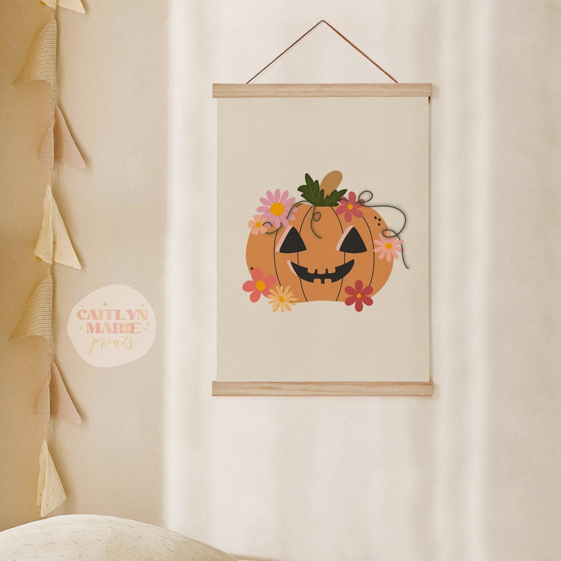 Cute Jack O Lantern Floral Daisies Sweet Halloween Pumpkin Art Poster - Image 2