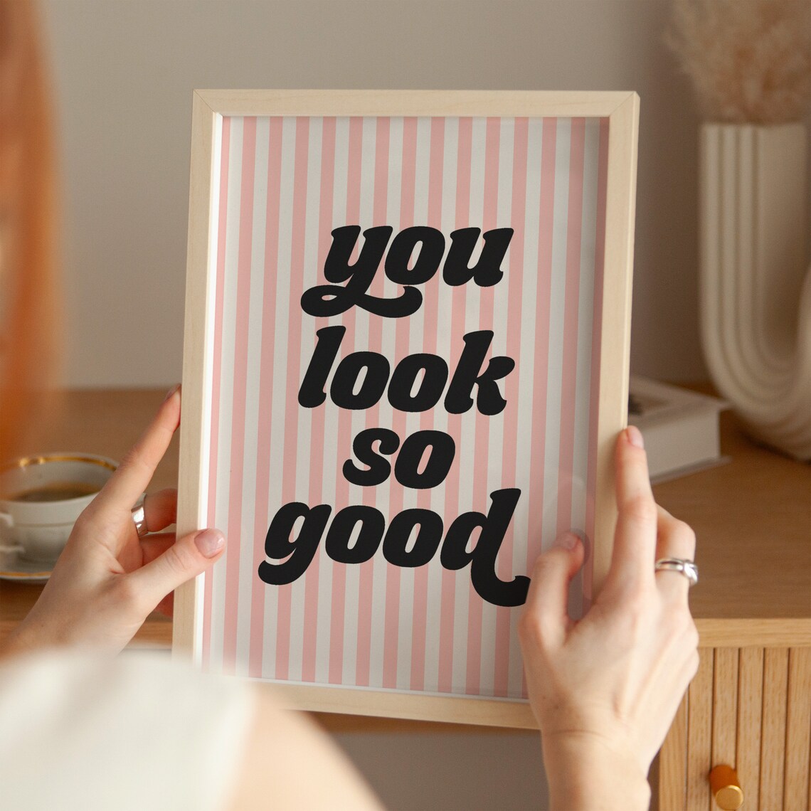 You Look So Good Retro Black Script Pink Stripe Bathroom Poster - Image 2