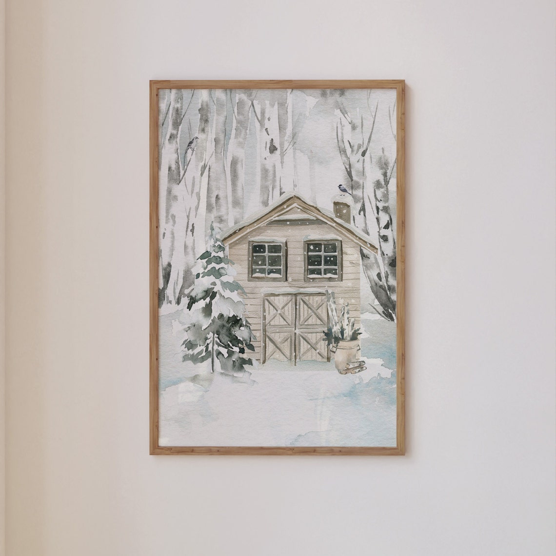 Winter Barn Snowy Birch Forest Christmas Watercolor Art Poster - Image 3