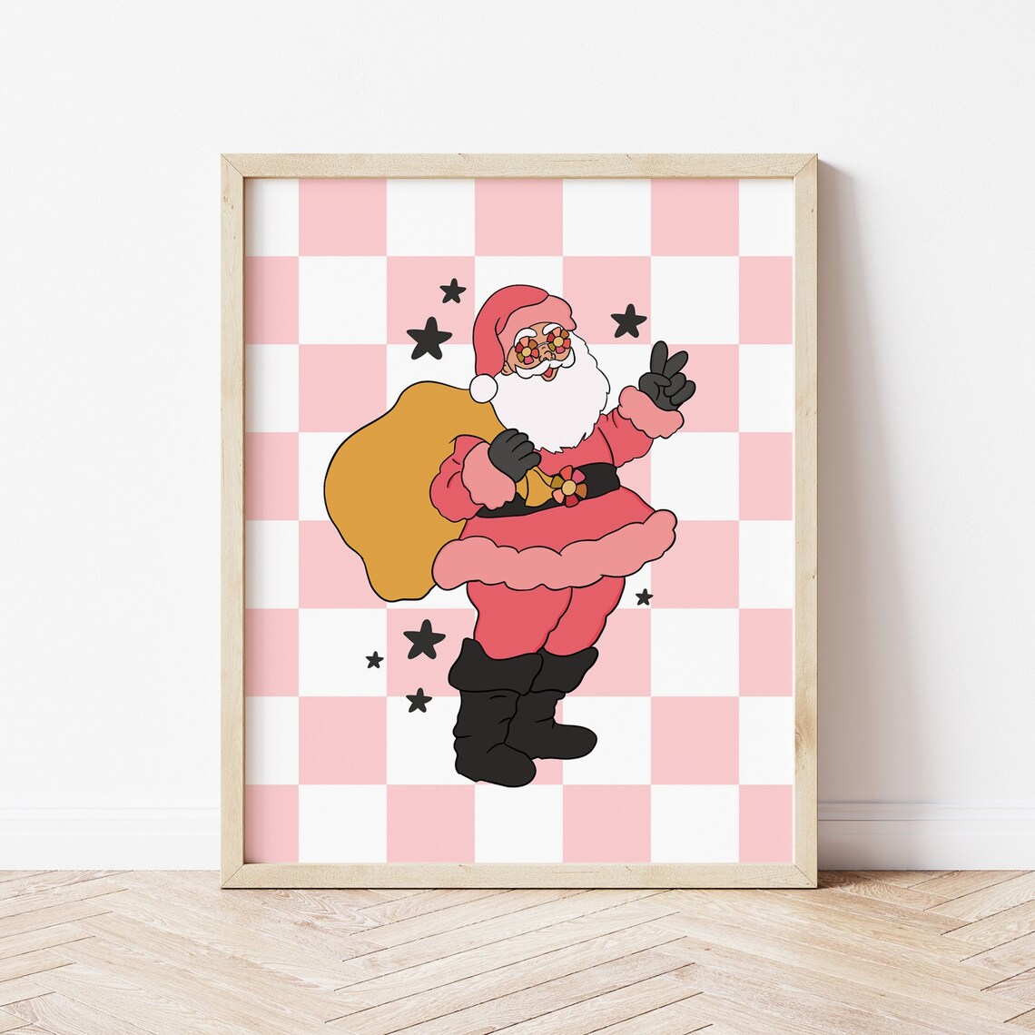 Retro Santa with Flower Sunglasses Pink Checkered Christmas Poster