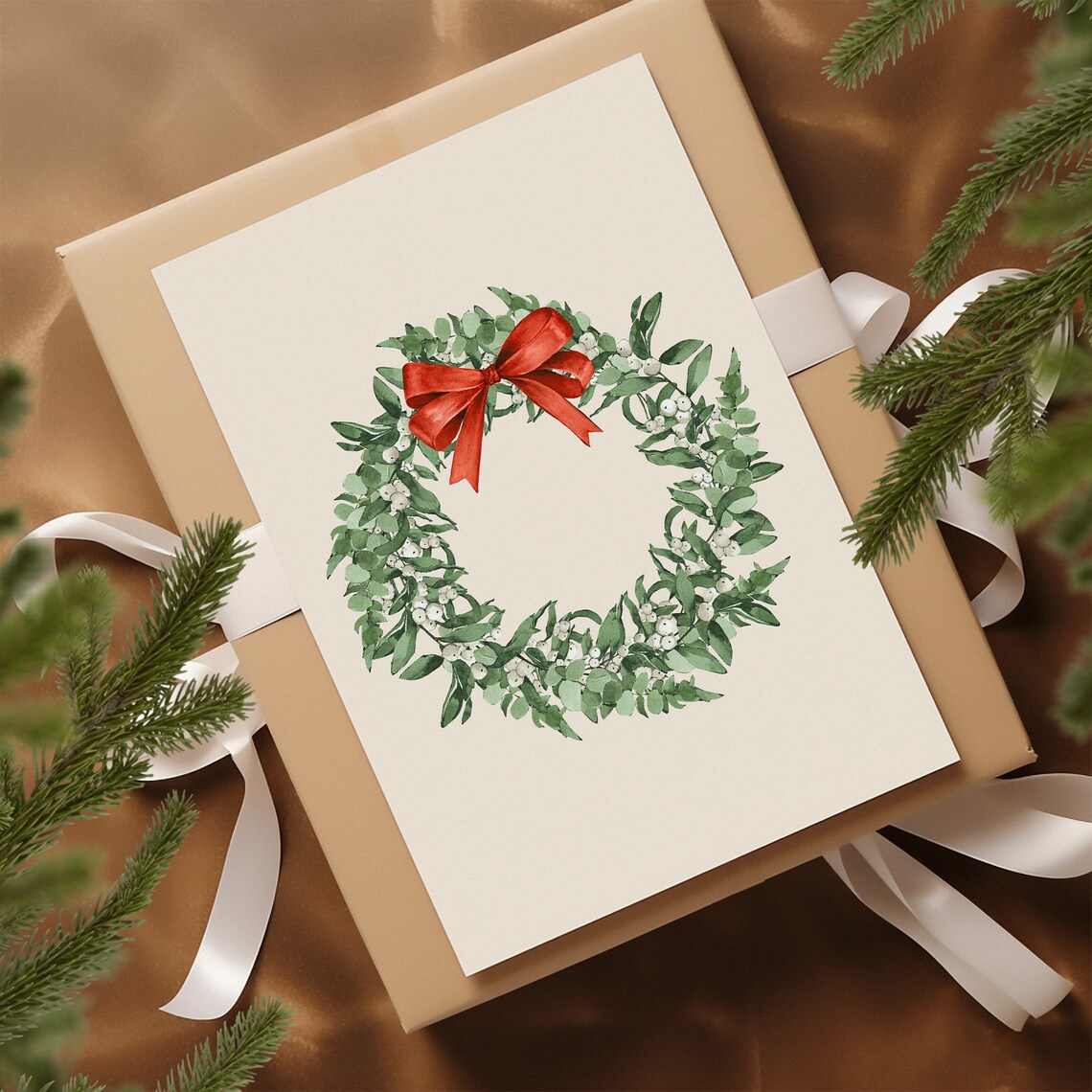 Christmas Wreath Watercolor Farmhouse Holiday Poster With Red Bow - Image 3