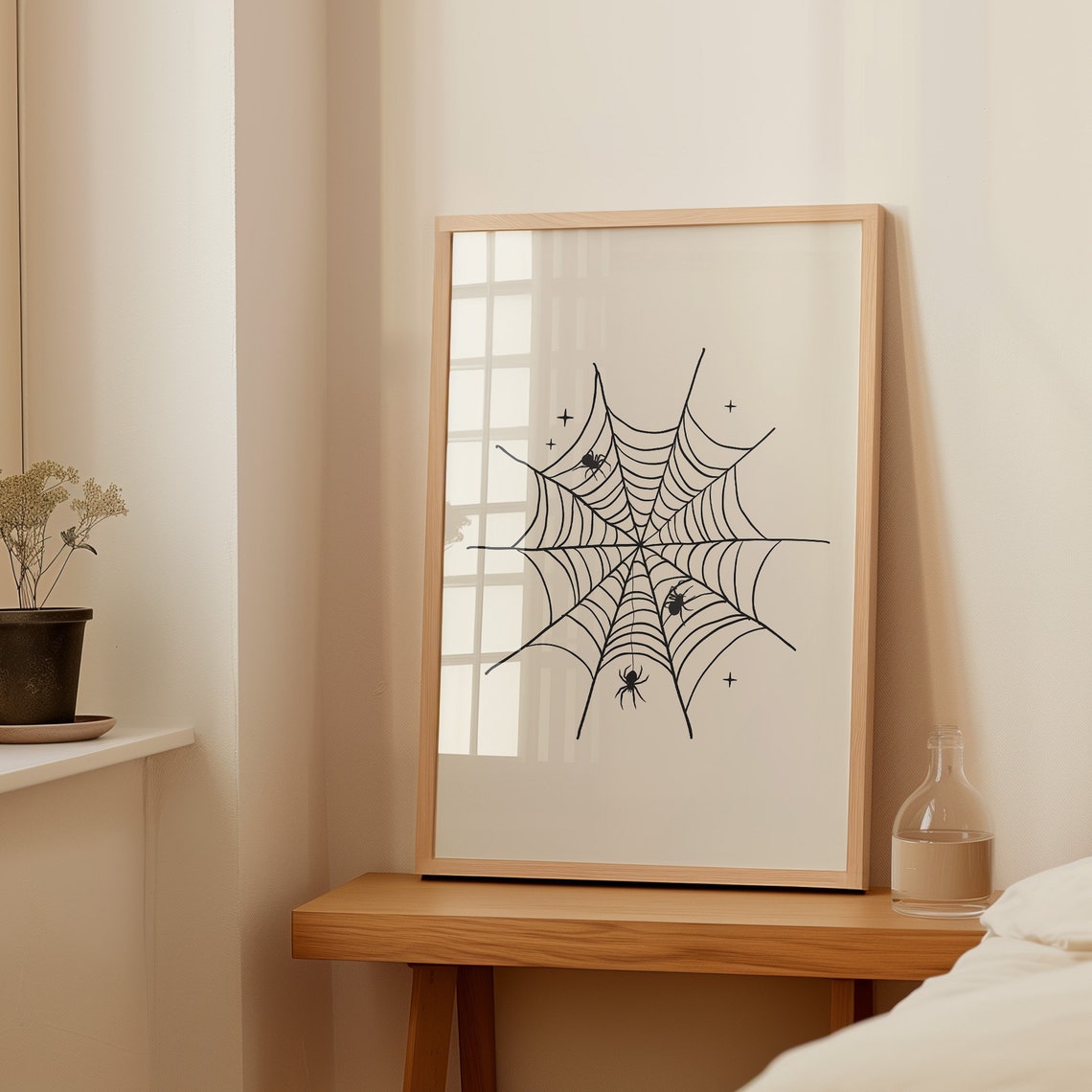 Black Spiderweb Line Art with Three Spiders Minimal Halloween Poster - Image 2