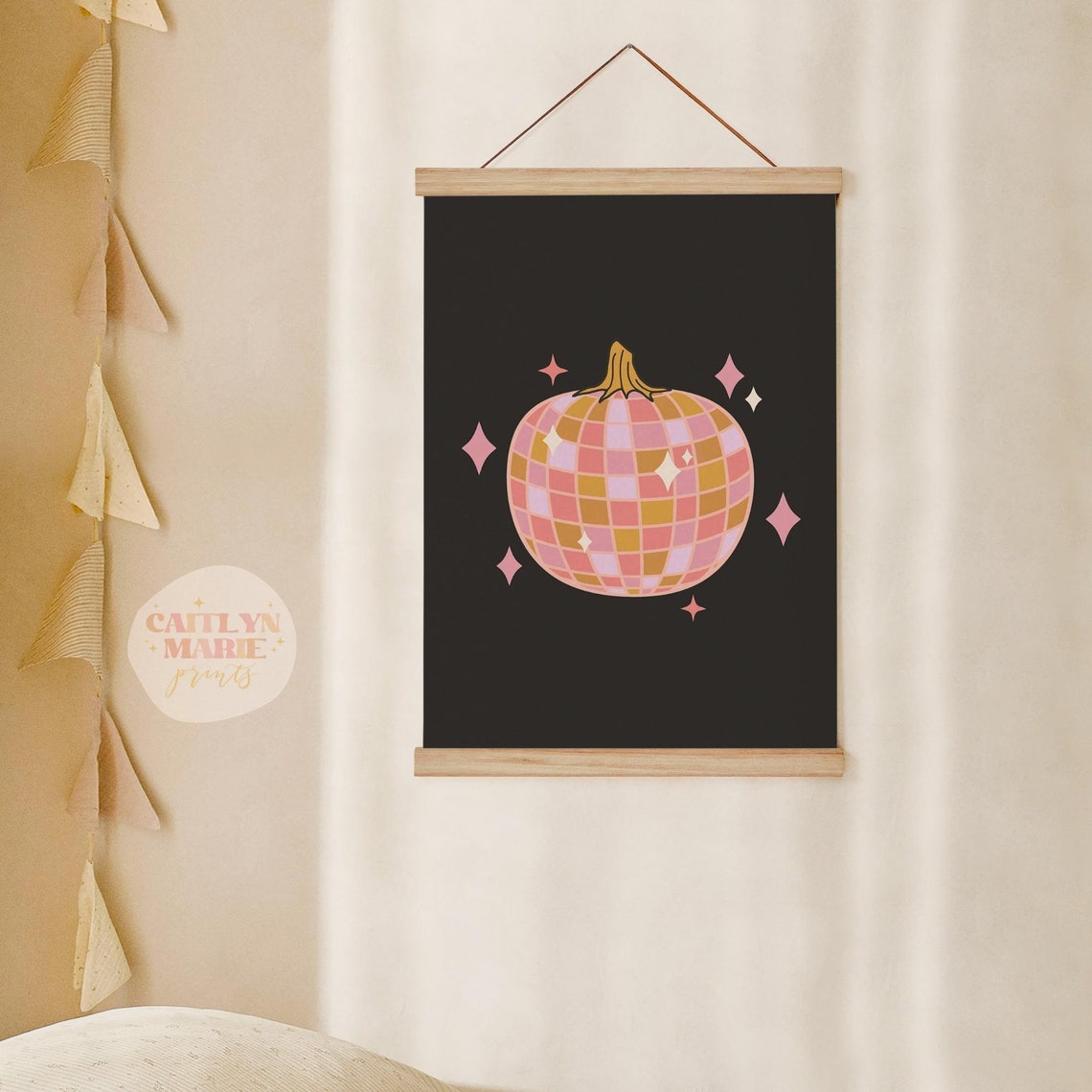 Disco Ball Pumpkin in Pink and Gold on Black Halloween Poster - Image 2