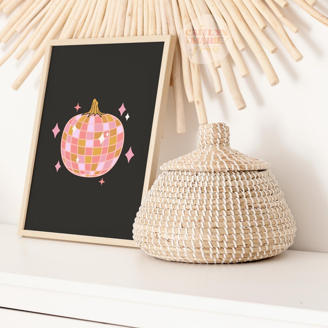 Disco Ball Pumpkin in Pink and Gold on Black Halloween Poster - Image 3