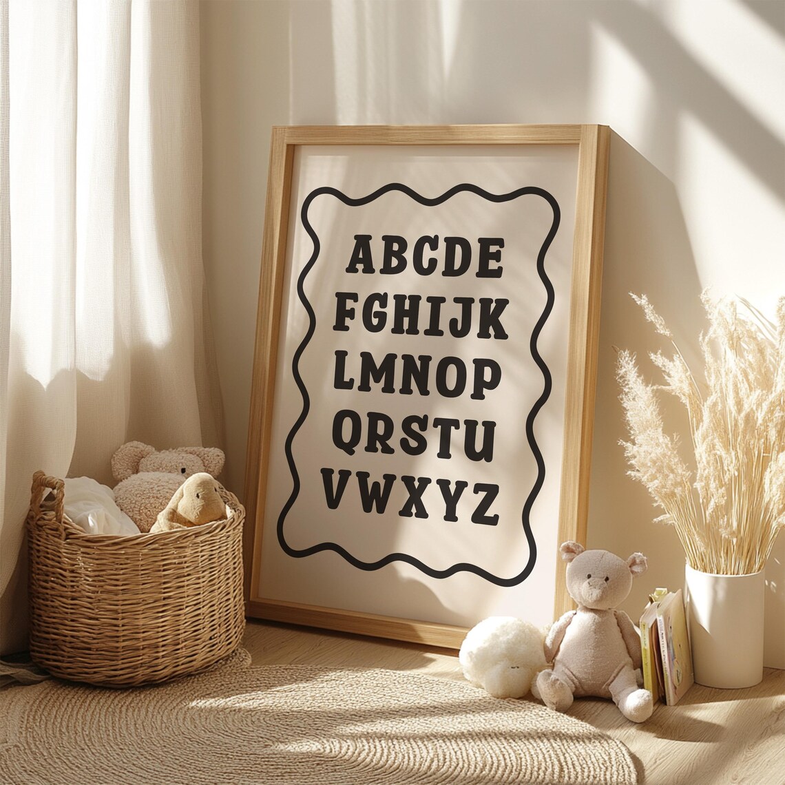 Retro Alphabet Wall Art A to Z Bold Black Wavy Border Nursery
