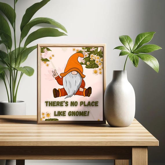 Theres No Place Like Gnome Poster Funny Saying Retro Print Cottagecore Decor Funky Farmhouse
