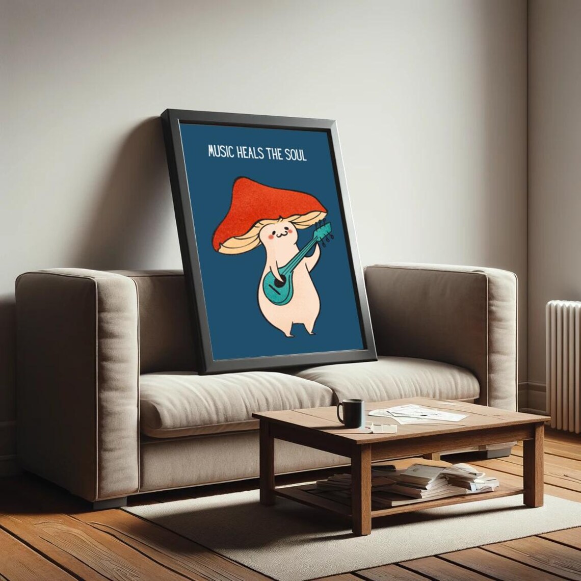 Music Heals the Soul Cute Mushroom Guitar Retro Music Quote Poster - Image 2