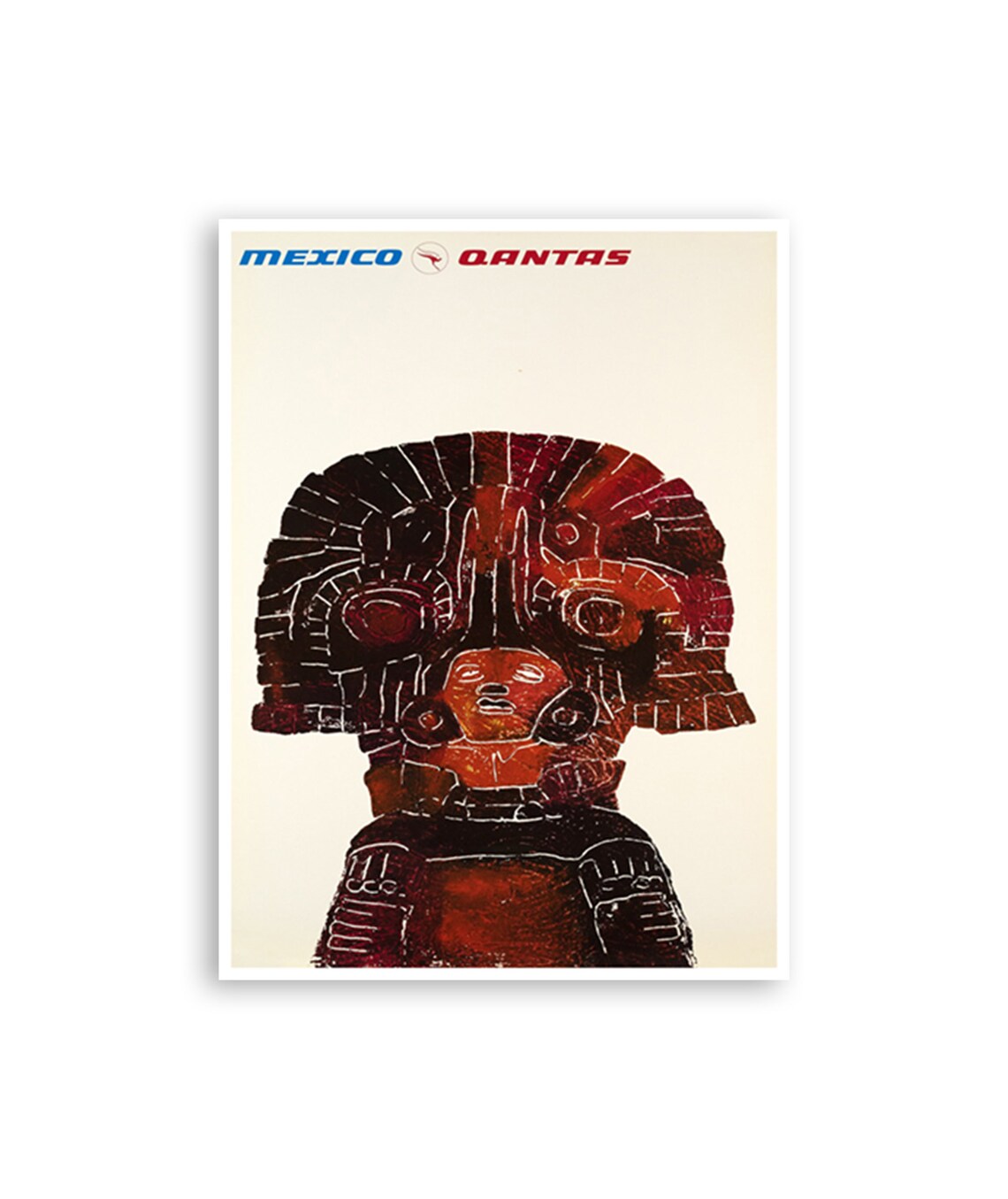 Mexico Qantas Airlines Aztec Stone Sculpture Travel Poster Art