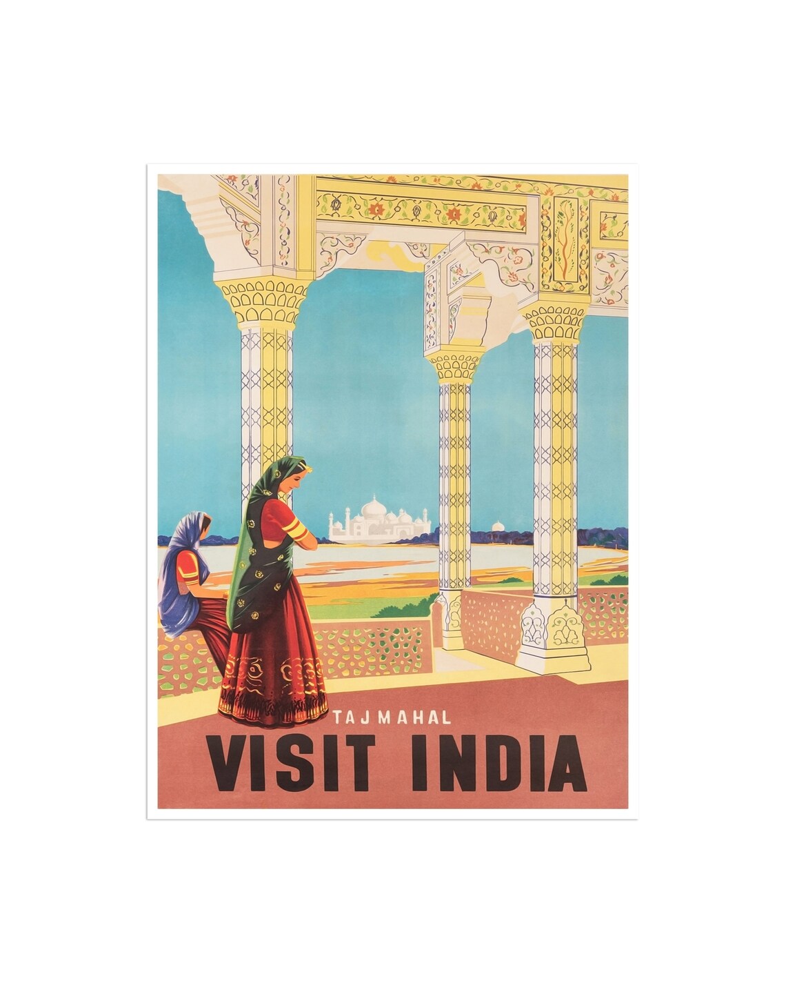 Visit India Taj Mahal Vintage Travel Poster with Palace Terrace