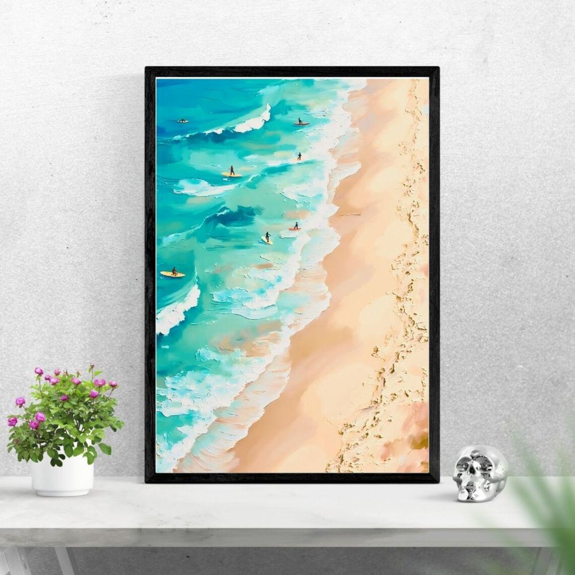 Retro Tiny People Surfing In Ocean Art Print