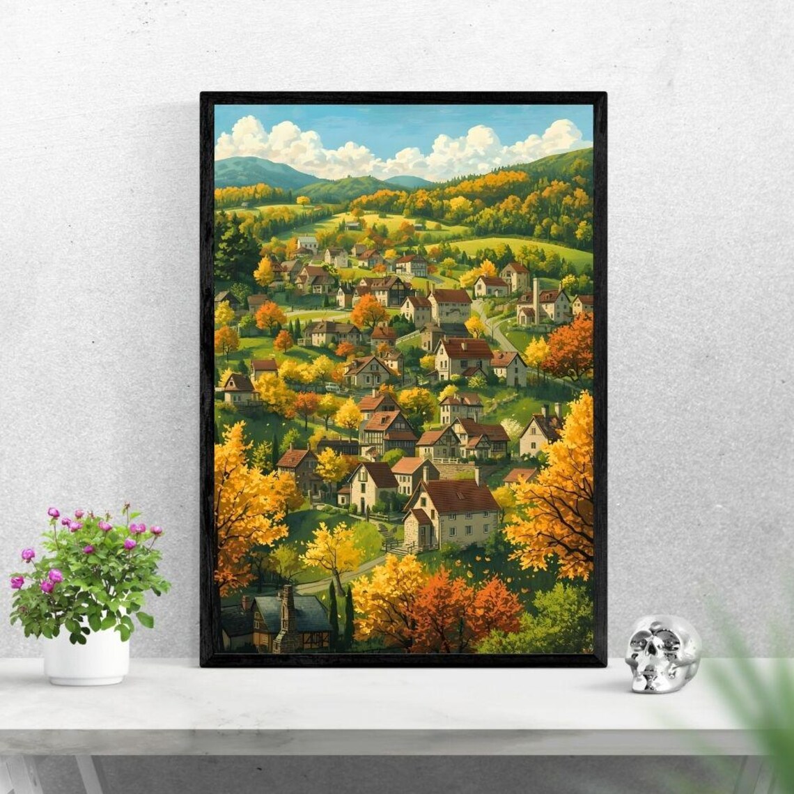 Autumn Village View, Countryside Scenery Art Print