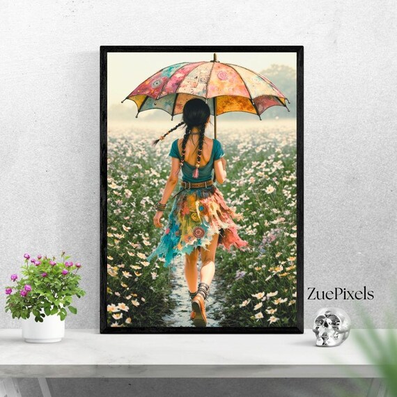 Girl with Umbrella in Chamomile Field Art Print Boho Floral Decor