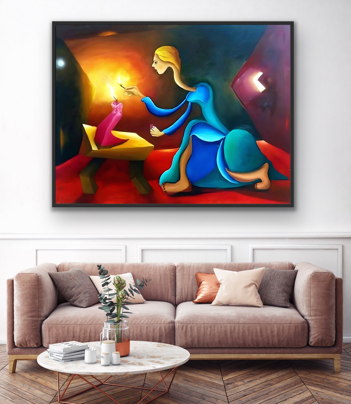 Glowing Woman Lighting Candle in the Dark Blue and Gold Poster - Image 2