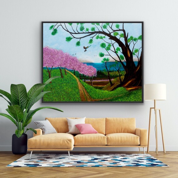 Spring Blossom Path Painting Pink Flowering Trees Lake View Joyful Poster