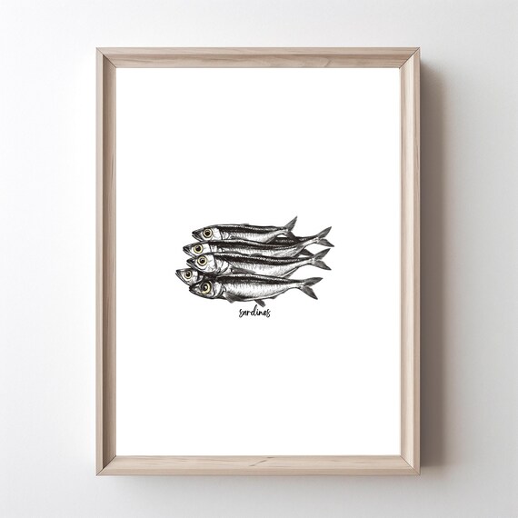 Vintage Sardines Sketch Minimalist Seafood Drawing Decor Art Print